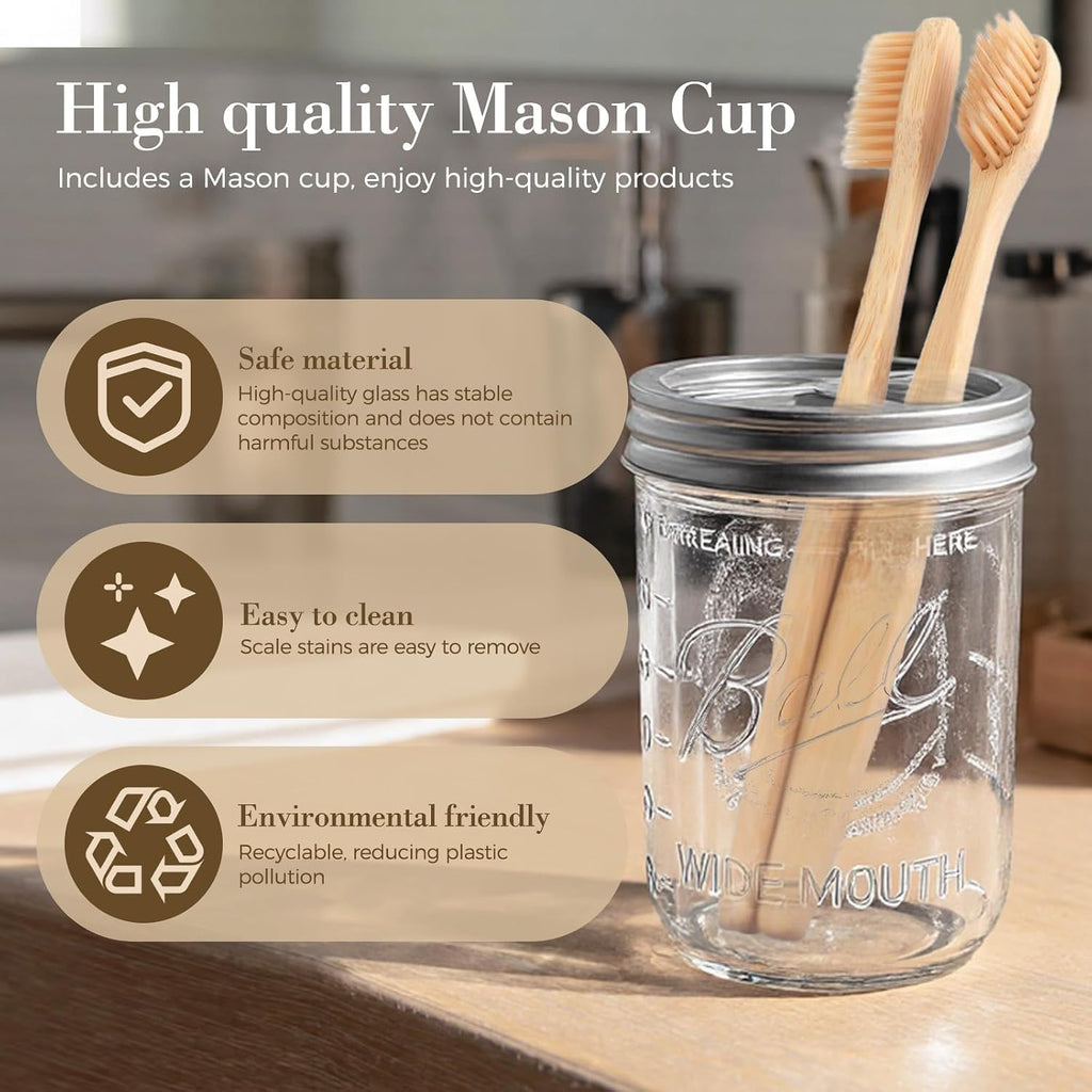 2Pcs Mason Jar Toothbrush Holder 16oz Glass with Premium Rustproof 304 Stainless Steel Lid-Farmhouse Bathroom Organizers and Storage（Silver）