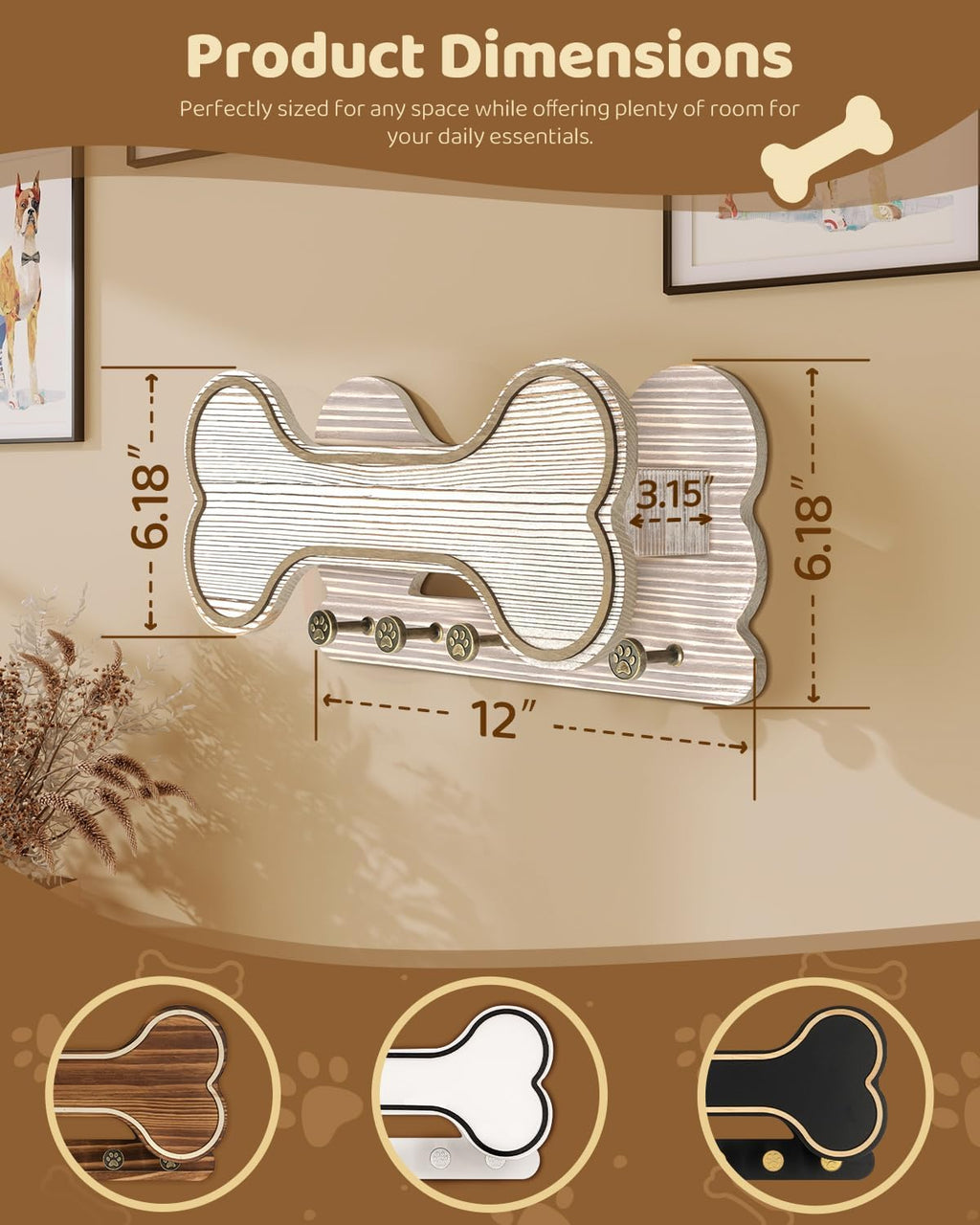 MTERSN Dog Leash Holder for Wall with Key Hooks for Dog Lover Gift, White