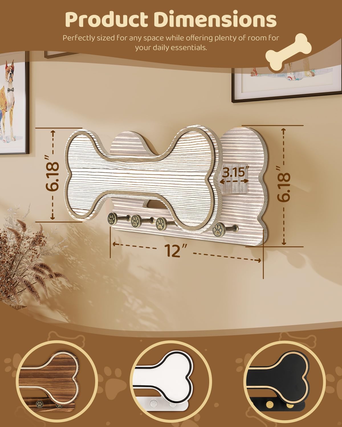 MTERSN Dog Leash Holder for Wall with Key Hooks for Dog Lover Gift, White