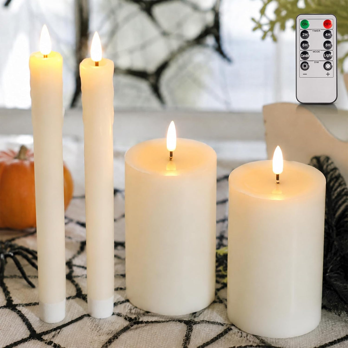 Real Wax LED Flameless Candles with Remote Timer, 4 Pcs Ivory Battery Operated Window Candle with 3D Flickering Flame for Fireplace Xmas Halloween Wedding Decor (9.5" Taper & 5" Pillar)