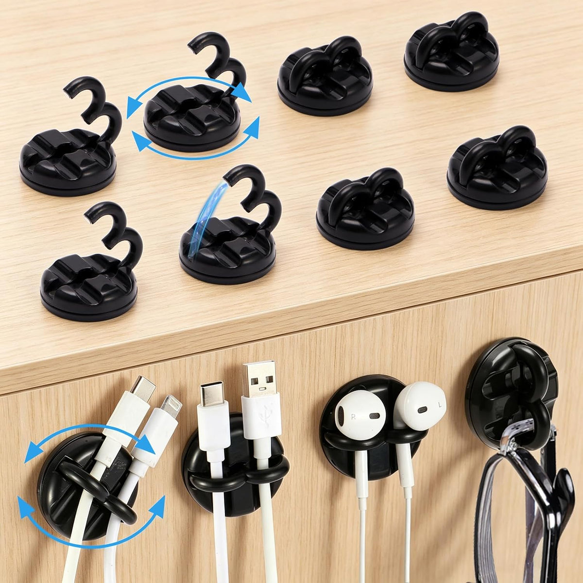 Cable Clips, 12 Pack Black Cord Holder Cable Management Wire Organizer for Organizing Desk Nightstand Car Phone Charger