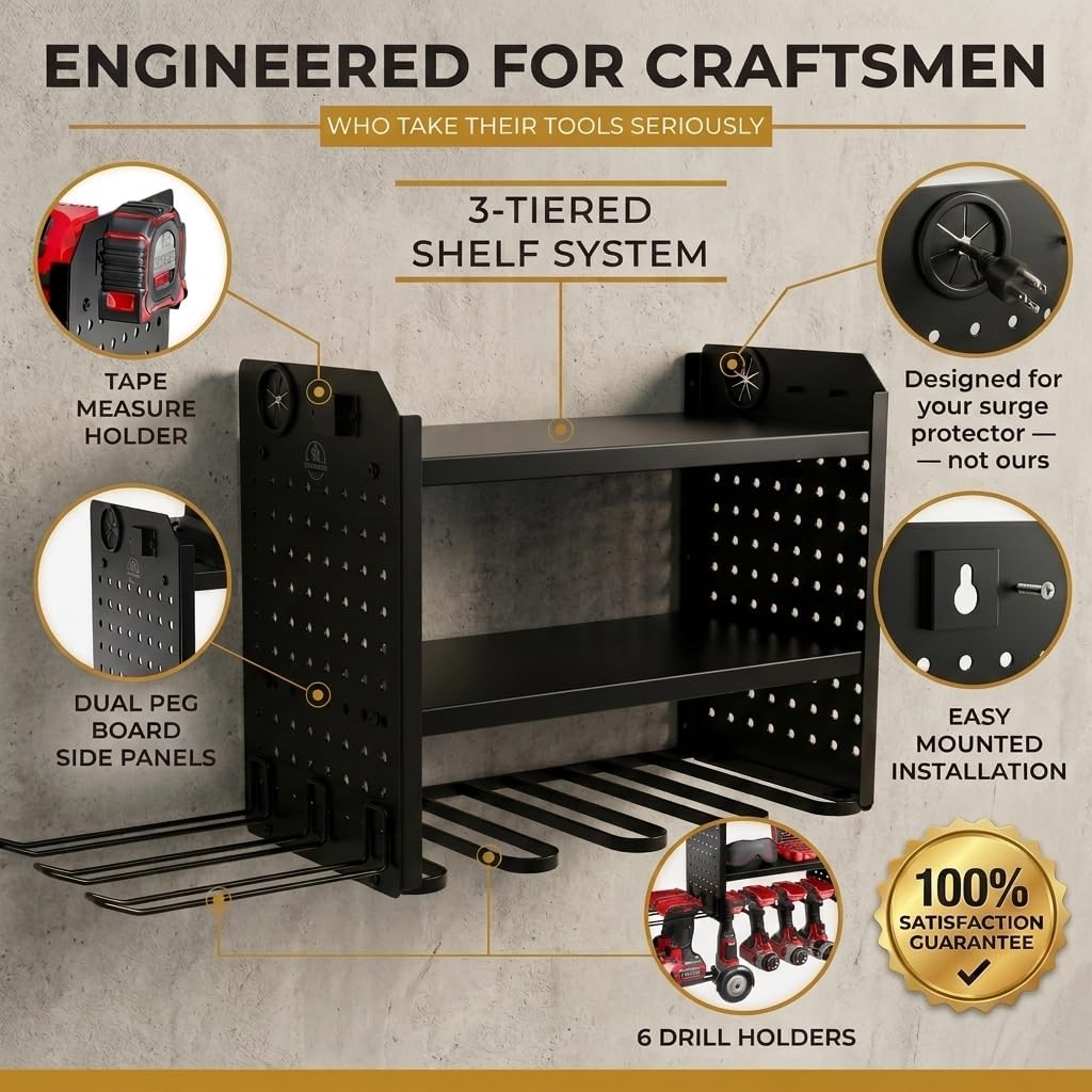 BUILTSTRONG Power Tool Organizer Wall Mount – 3-Tier Heavy-Duty Steel Rack, 6 Drill Slots, Dual Pegboard Sides, Side-by-Side Modular, 100 lb Capacity – Garage & Workshop (Black)
