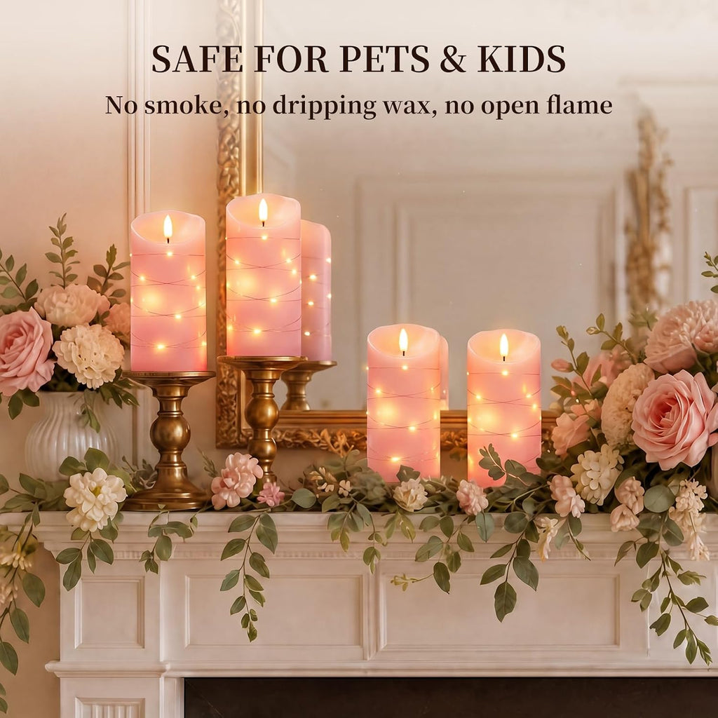 Homemory Flameless Candles with String Lights, 2 Pack Embedded Fairy String Lights LED Candles, Electric Flickering Candles with Remote Control and Timer, Real Wax, Pink