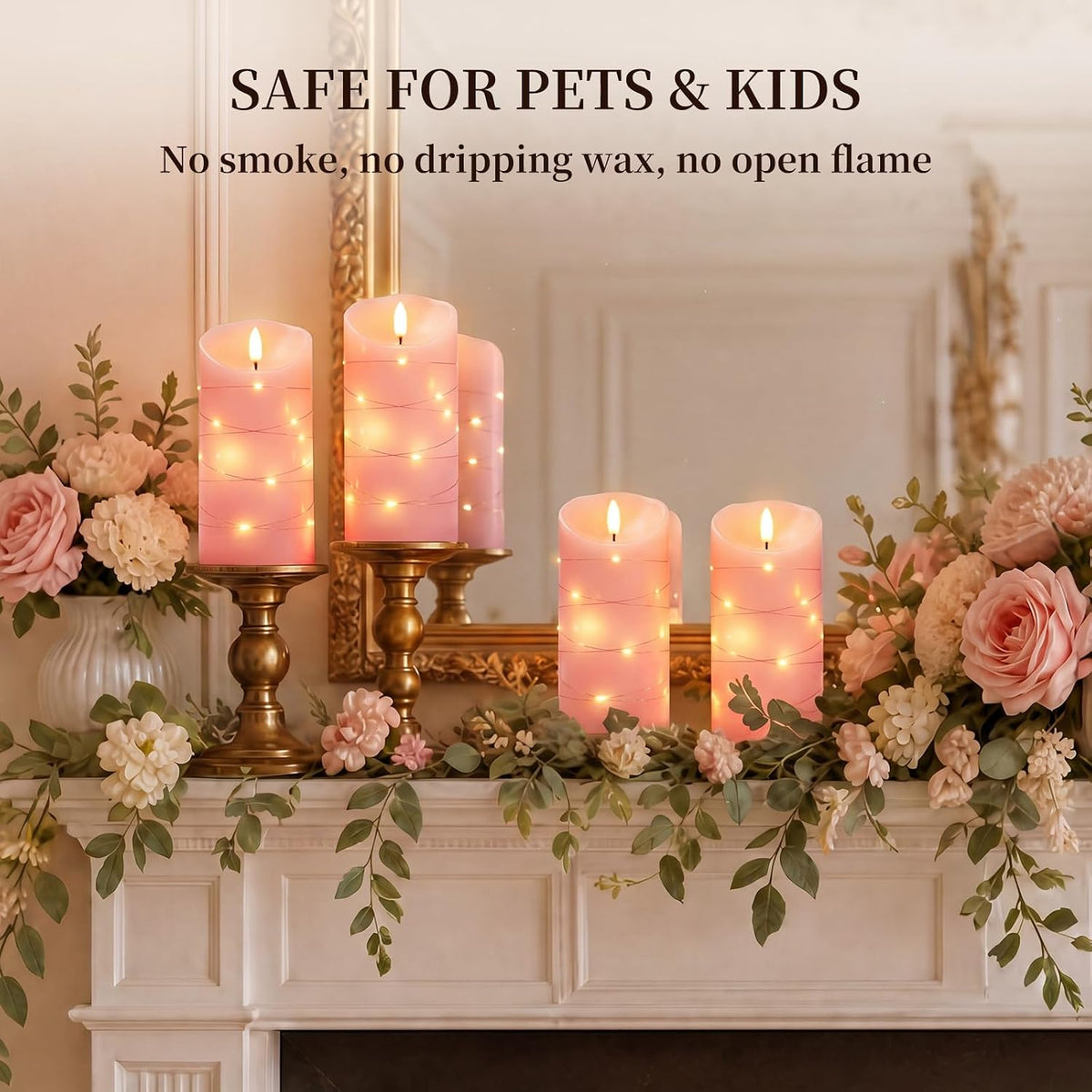 Homemory Flameless Candles with String Lights, 2 Pack Embedded Fairy String Lights LED Candles, Electric Flickering Candles with Remote Control and Timer, Real Wax, Pink