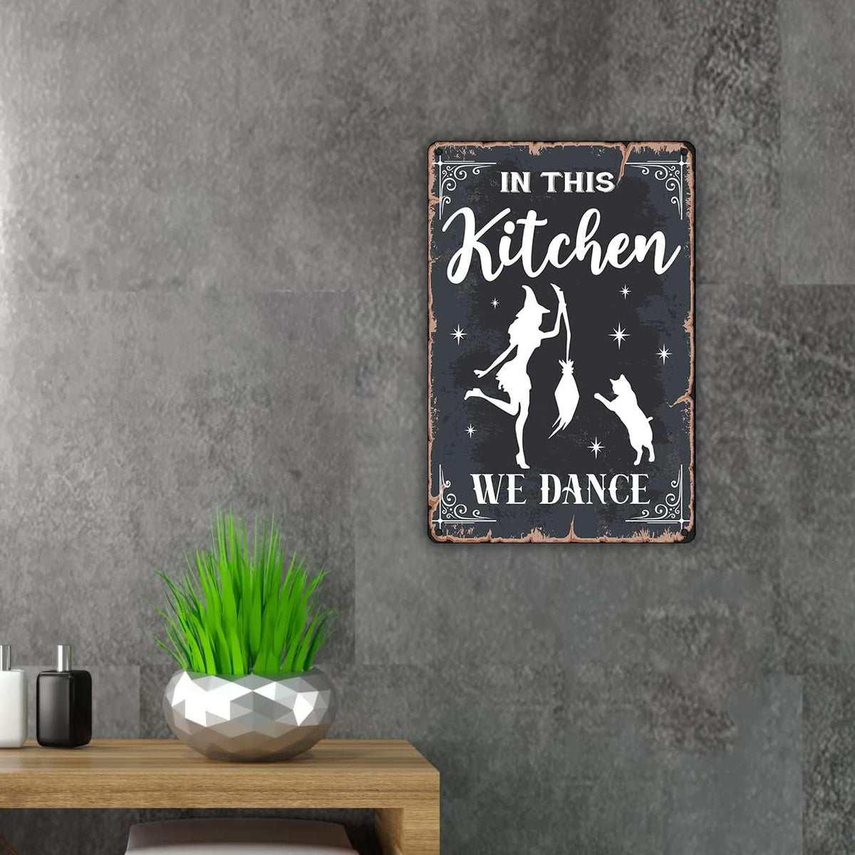 QIONGQI Funny Witchy Kitchen Quote Metal Tin Sign Wall Decor, Retro in This Kitchen We Dance Sign for Home Decor Gifts