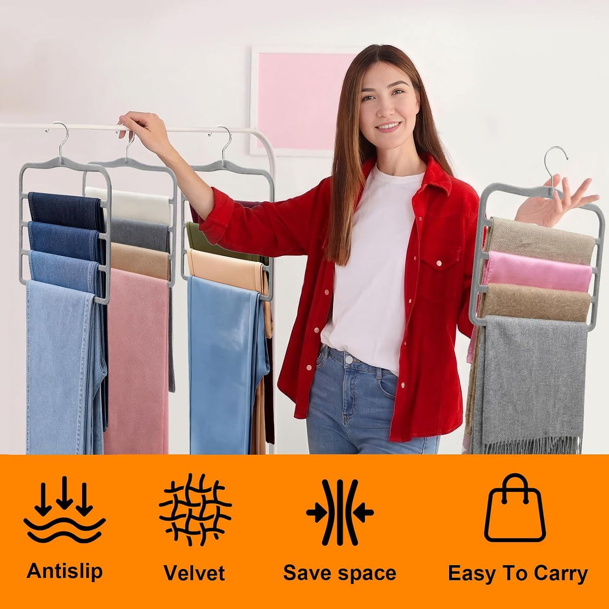 Velvet Pants Hangers Space Saving, 4 Pack Non Slip Closet Organizer