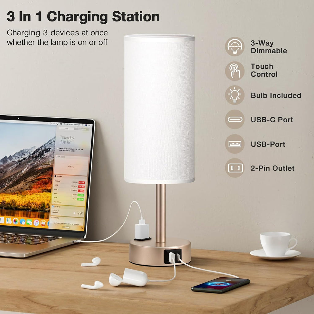Antique White Bedside Table Lamp, Dimmable Touch Lamp, USB A+C, AC Outlet