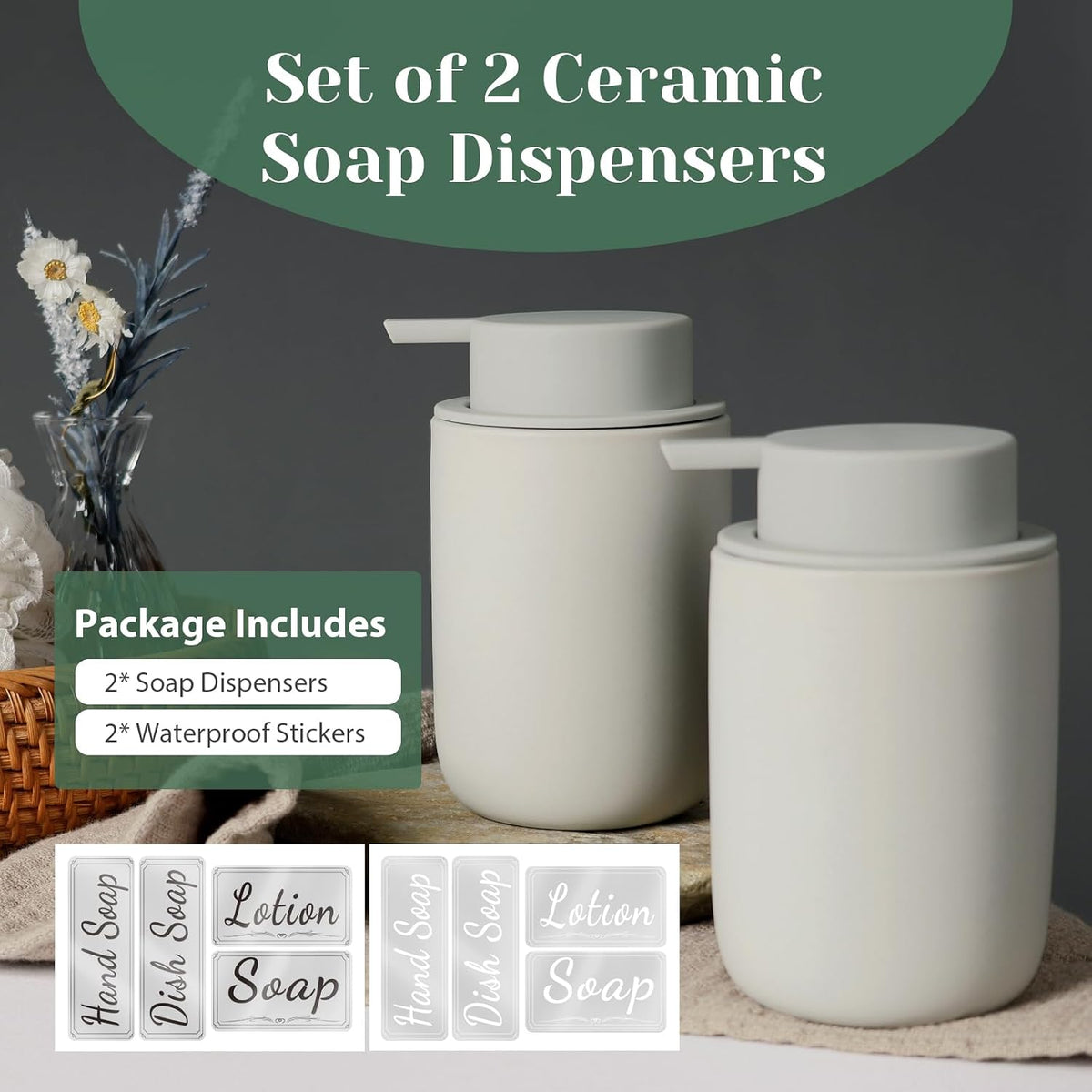 INGOFIN Ceramic Foaming Soap Dispenser Set, 2 Pack (12 oz) Bathroom Foam Hand Soap Dispenser with Pump, Hand and Dish Dispenser Set with 8 Pcs Clear Stickers,for Kitchen- Grey