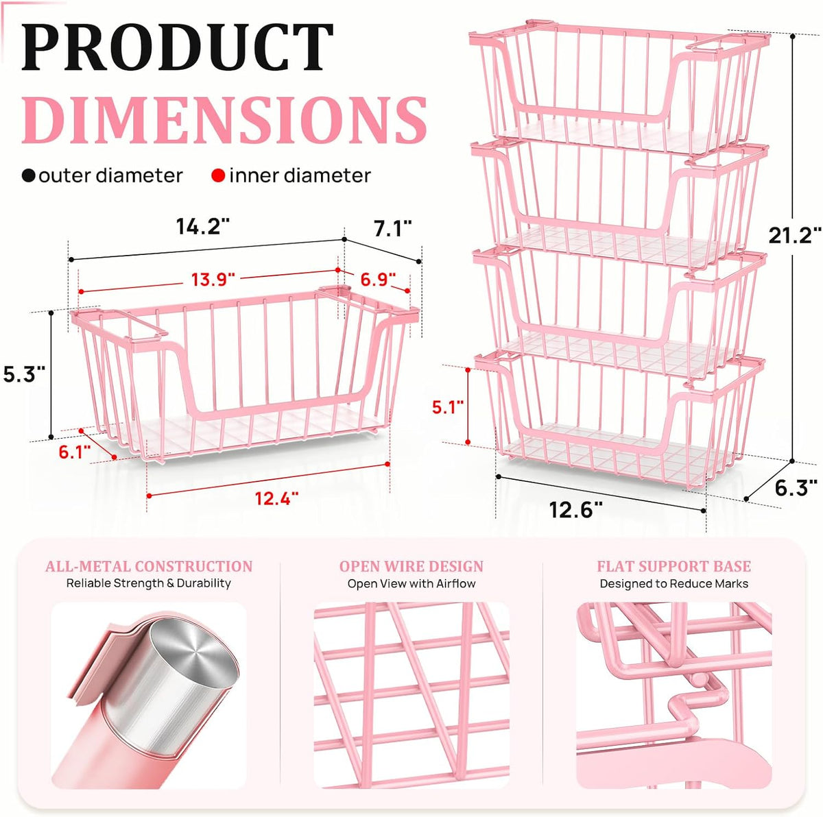 SUNALLY Stackable Storage Bins 4 Pcs Wire Baskets Freezer Organizer, Pink
