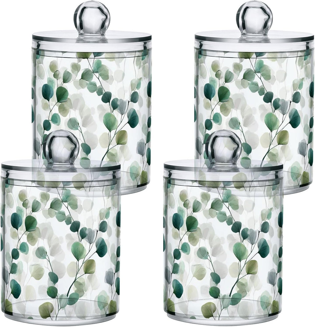 Gredecor Qtip Holder Dispenser 2 Pack Green Watercolor Floral Leaves Apothecary Jars with Lids Bathroom Vanity Countertop Canister Storage Organizer for Cotton Ball,Swabs,Pads,Floss