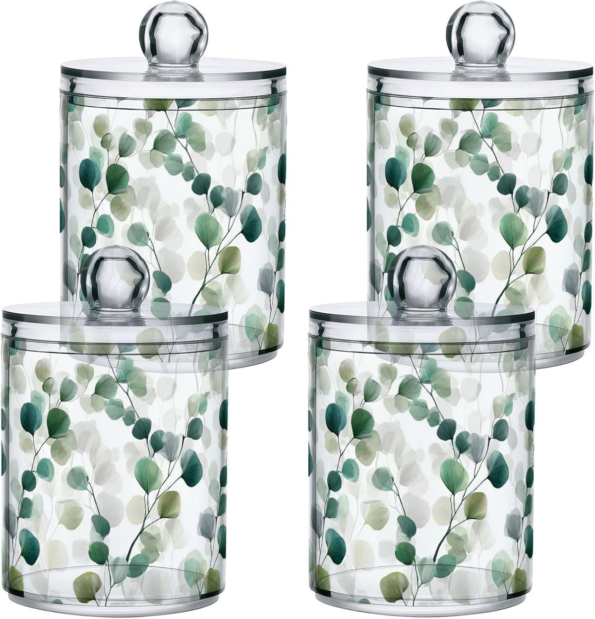 Gredecor Qtip Holder Dispenser 2 Pack Green Watercolor Floral Leaves Apothecary Jars with Lids Bathroom Vanity Countertop Canister Storage Organizer for Cotton Ball,Swabs,Pads,Floss