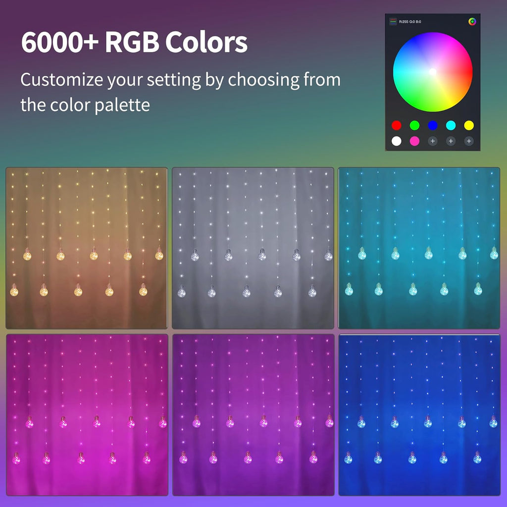 Color Changing Wishing Ball Curtain Lights, 9.8 x 3.3 FT RGB LED Fairy Light with Remote App Control, Music Sync Window Backdrop Wall Hanging Lights for Bedroom Party Halloween Christmas Decoration