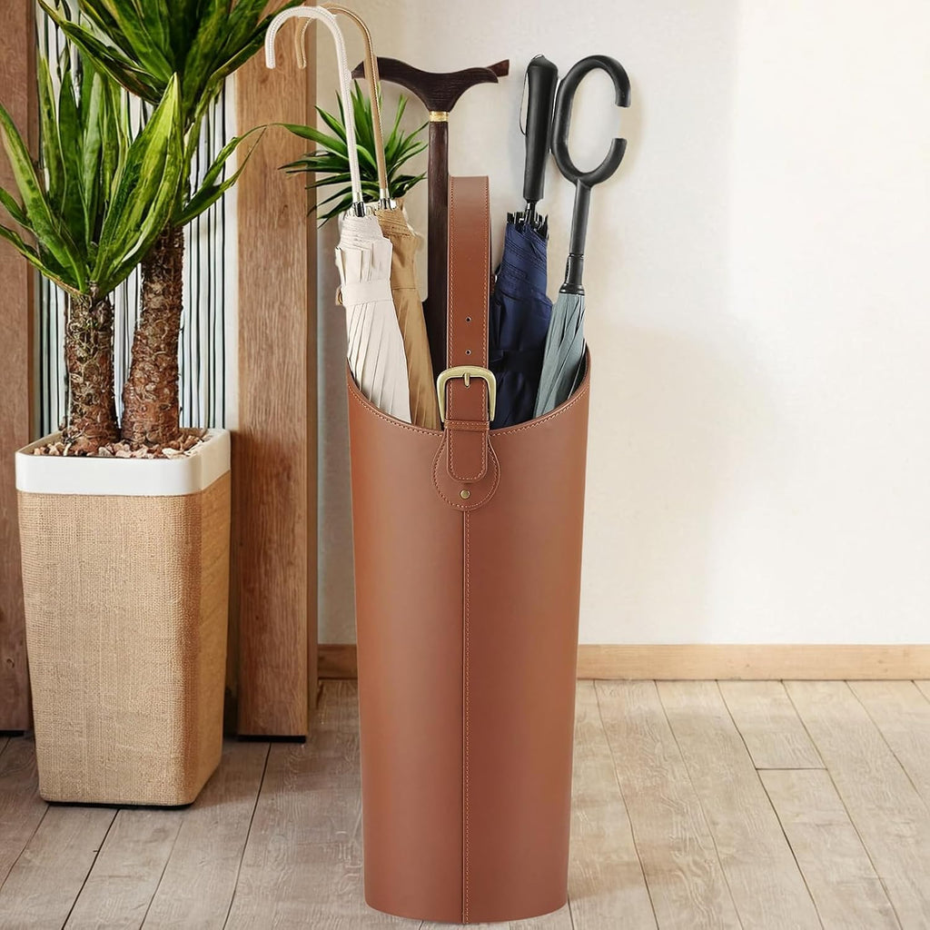 Brown Artificial Leather Tall Umbrella Holer Entryway Indoor for Business Office,22.4 Inch Umbrella Stand Entryway with Removable Water Tray 2 Hooks