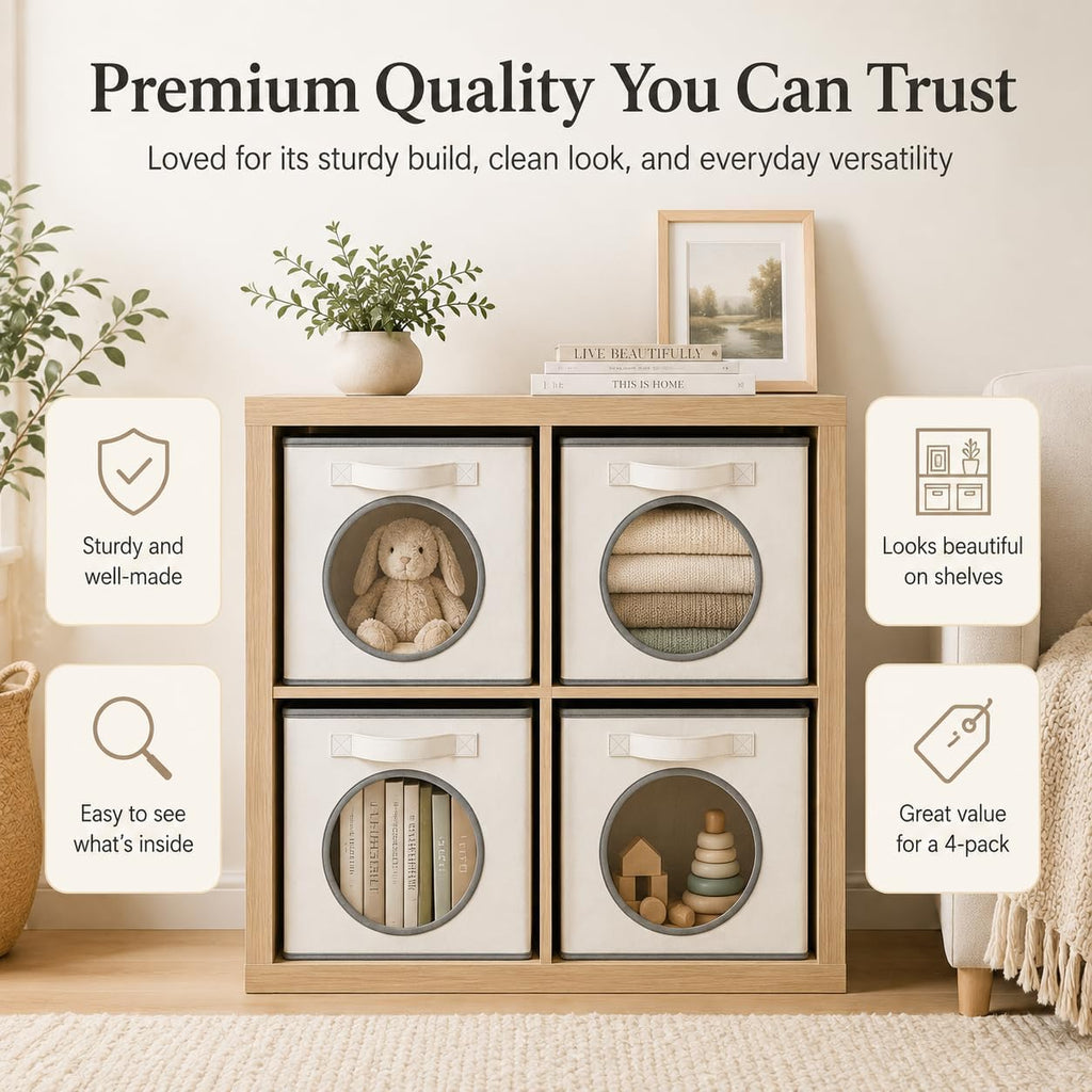 Fabric Storage Cubes with Mesh Window, 11'' Cube Storage Bin, Ivory, 4 Pack