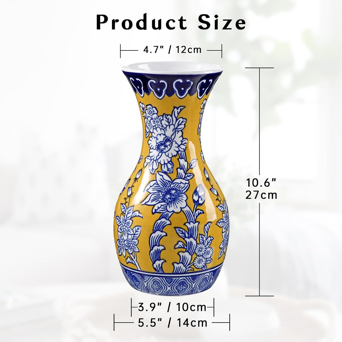 Blue and Yellow Ceramic Vase 11" Chinoiserie Flower Vase in Wide Mouth