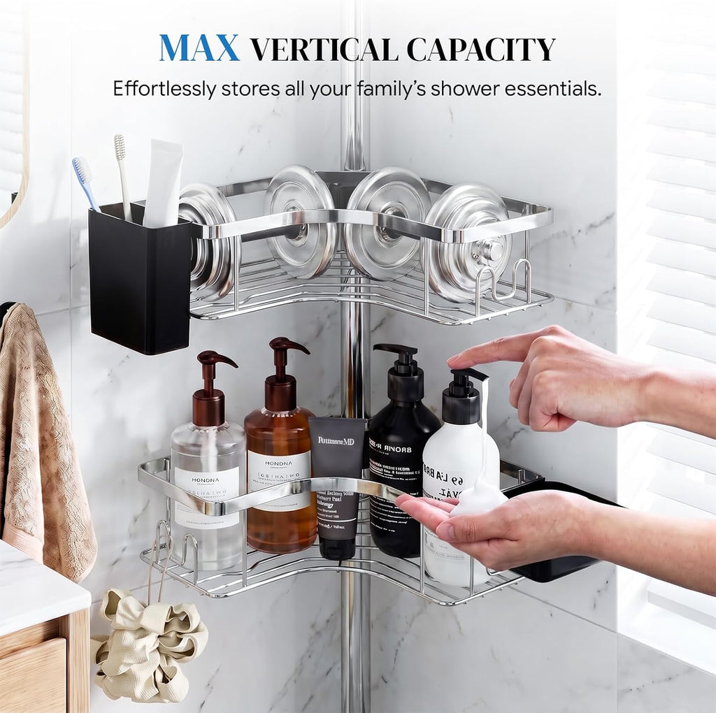 REINHARDT Corner Shower Caddy Tension Pole 4Tier Rustproof Organizer-Silver