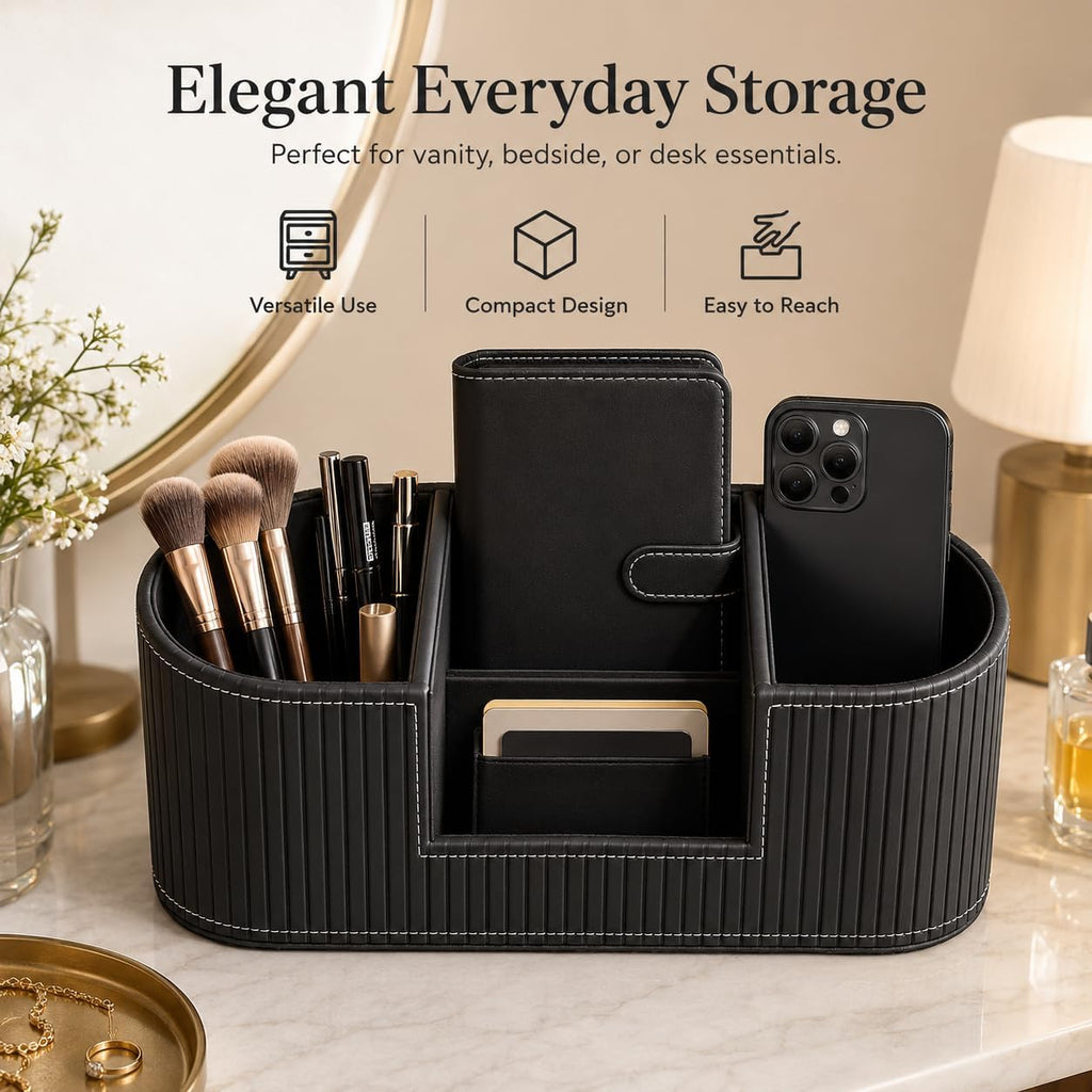 KINGFOM Modern Leather Desk Organizer for Men & Women, Aesthetic Office Desk Accessories Organizer, Faux Leather Vanity Organizer for Pens, Makeup Brushes, Remote Controls, Black Minimalist Desk Decor