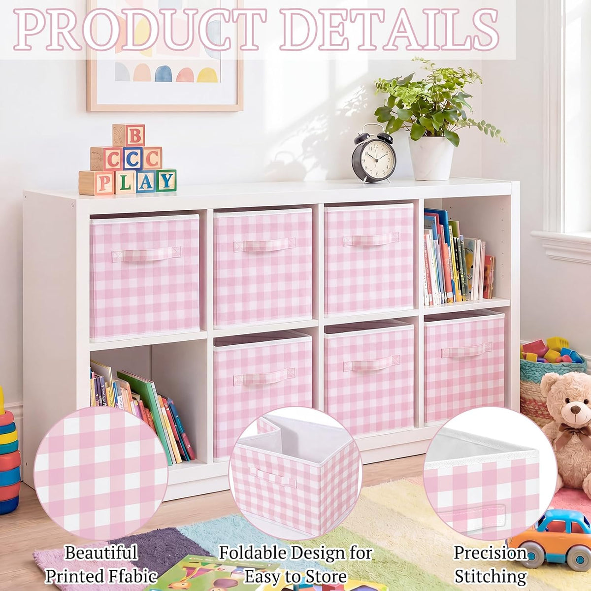 Yalikop 6 Pcs Pink Gingham Cube Storage Bins, 11 Inch Fabric Checkered Classroom Storage Bins Organizer with Handle Preppy Collapsible Cubby Basket for Classroom Home Nursery Playroom Bedroom