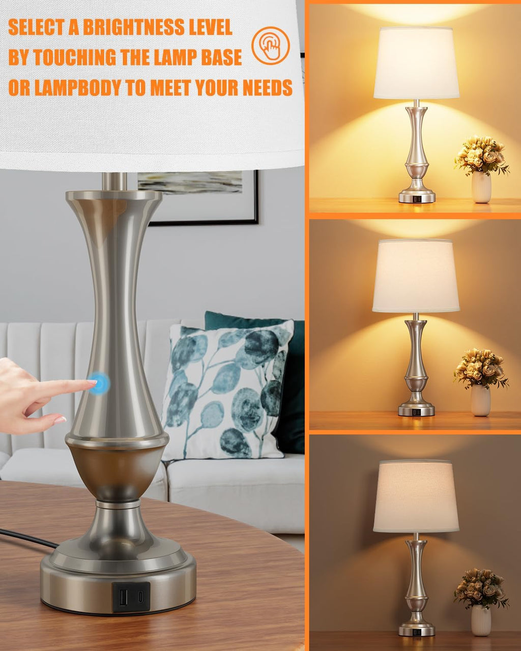 Seealle Upgraded Touch Lamps for Night Stands Set of 2 - Bedside Lamps with USB C+A, 3 Way Dimmable for Bedroom Living Room End Tables Office (White&Nickel)