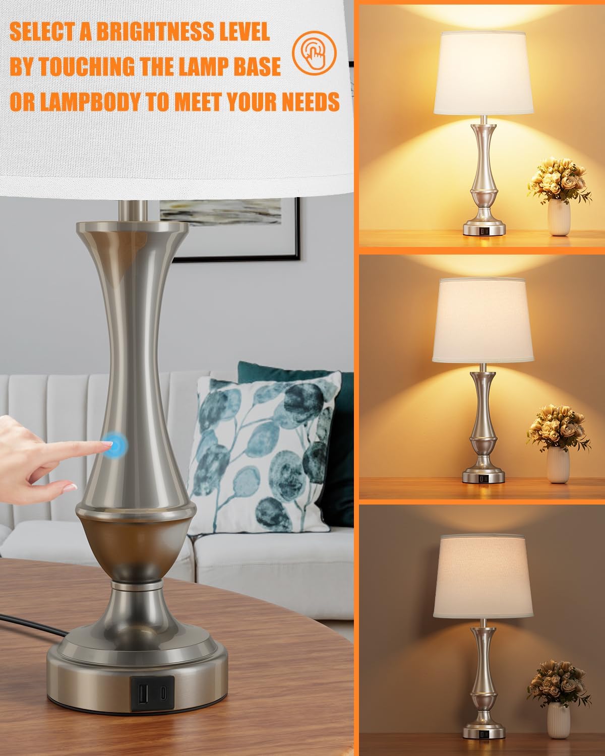 Seealle Upgraded Touch Lamps for Night Stands Set of 2 - Bedside Lamps with USB C+A, 3 Way Dimmable for Bedroom Living Room End Tables Office (White&Nickel)