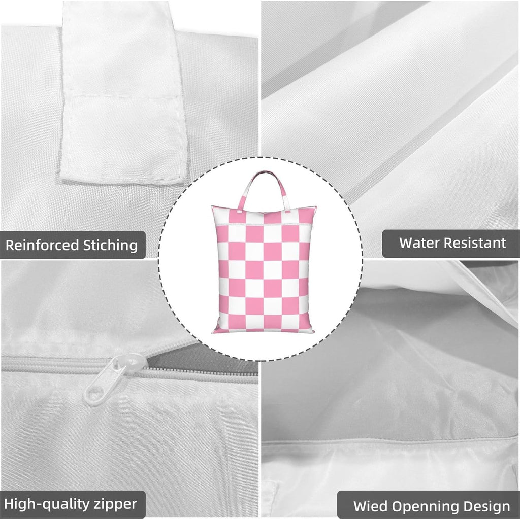 "pink and white checkerboard plaid 2-Pack Travel Laundry Bags for Dirty Clothes- Large Waterproof Laundry Tote, Wet & Dry Use, Reusable Foldable Carry Handles for Vacation, Gym & Dorm"