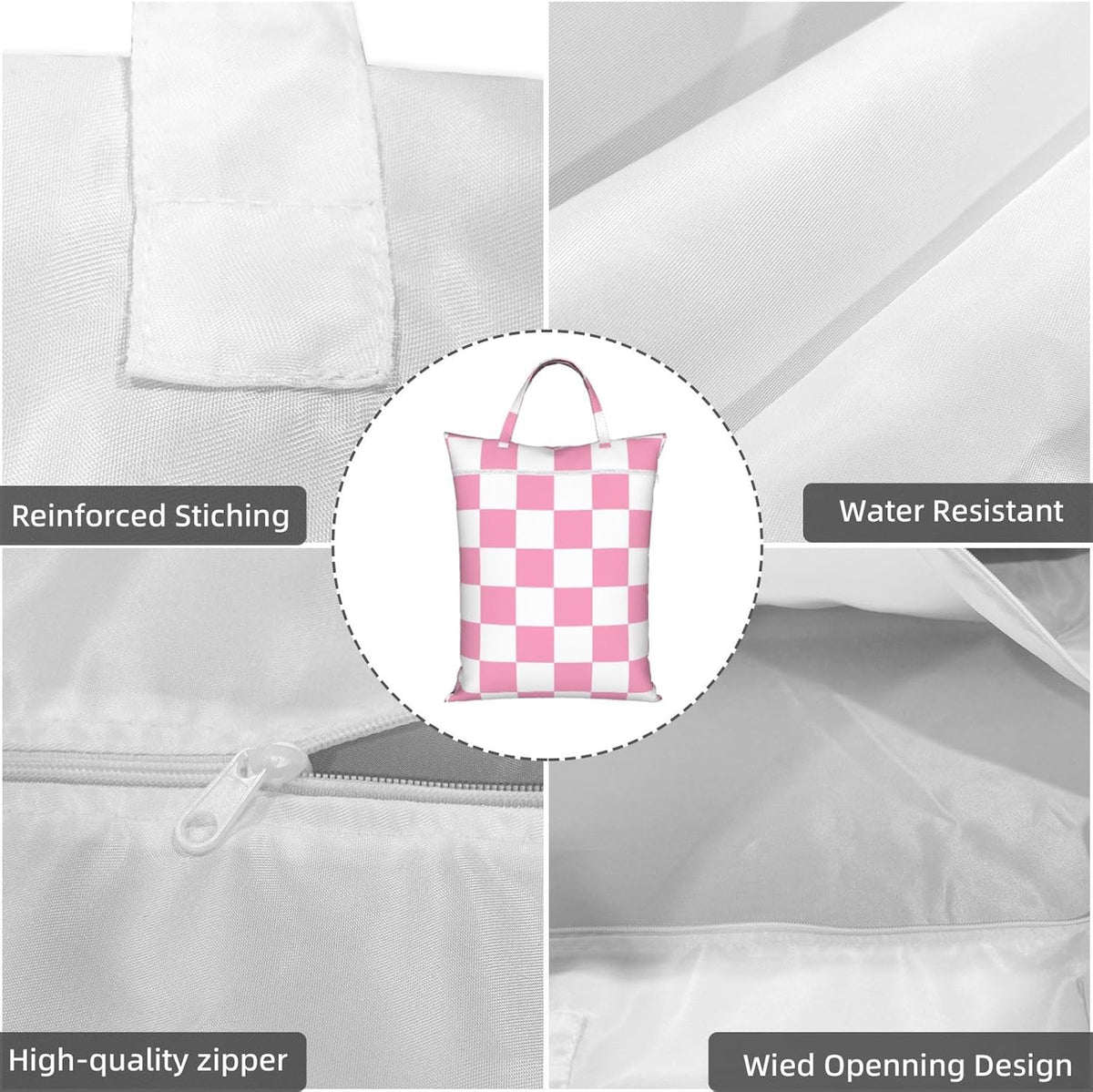 "pink and white checkerboard plaid 2-Pack Travel Laundry Bags for Dirty Clothes- Large Waterproof Laundry Tote, Wet & Dry Use, Reusable Foldable Carry Handles for Vacation, Gym & Dorm"