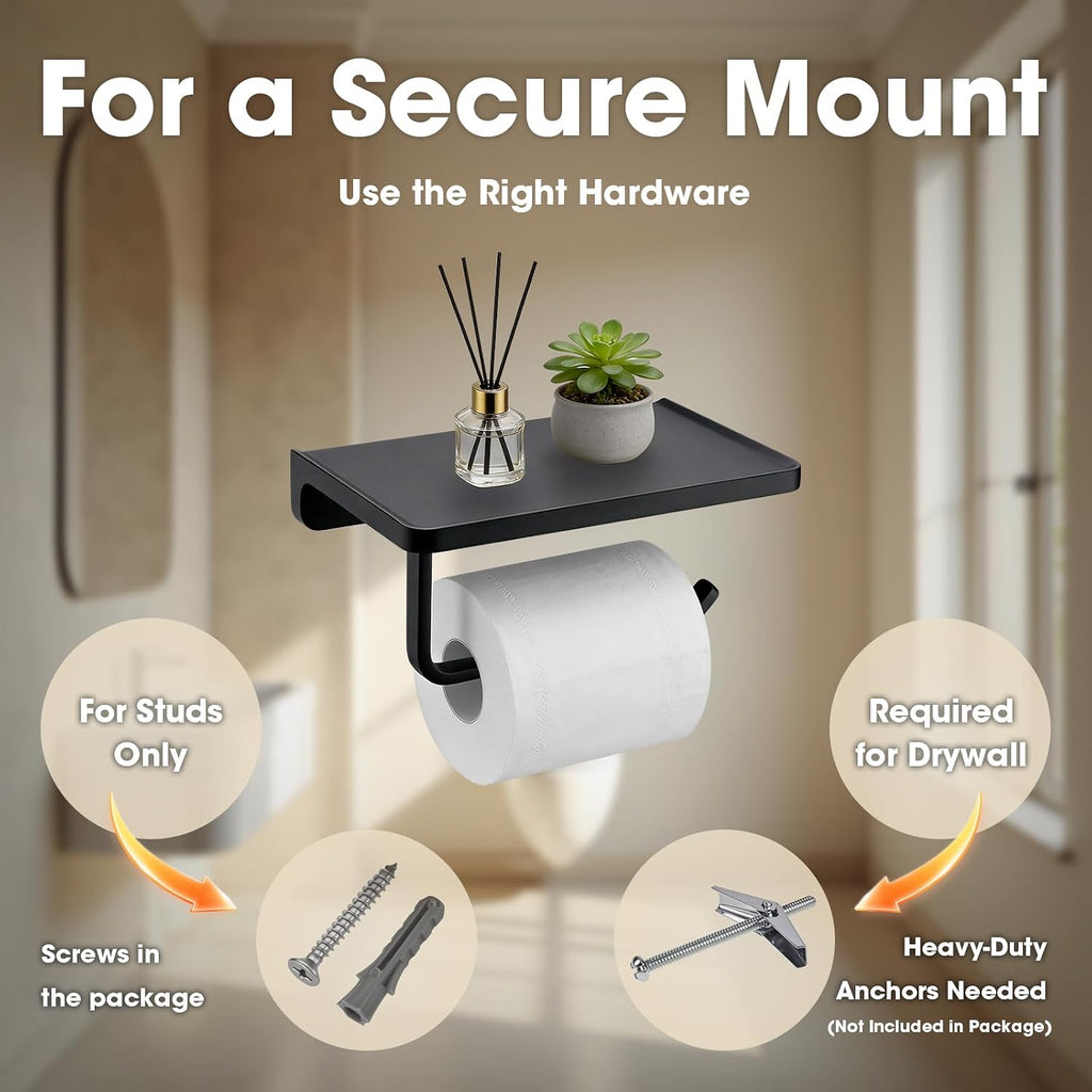 TRUSTMI Toilet Paper Holder with Shelf & Phone Stand, Matte Black