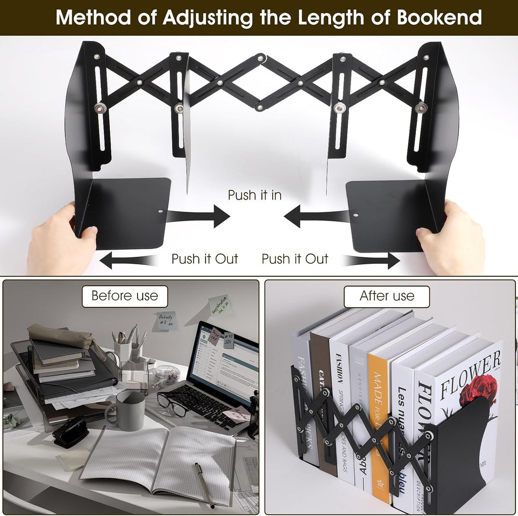 2 Pack Adjustable Bookends for Heavy Books - Expandable Book Ends to Hold Books Heavy Duty, Metal Book Organizer with Anti-Slip Design for Shelves, Desk & Office (Black)