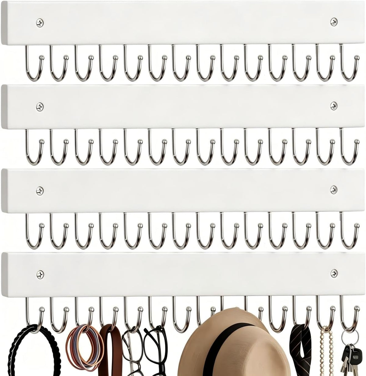 4Pack Necklace Wall Holder Wooden Mount Bulk with 56 Hooks White