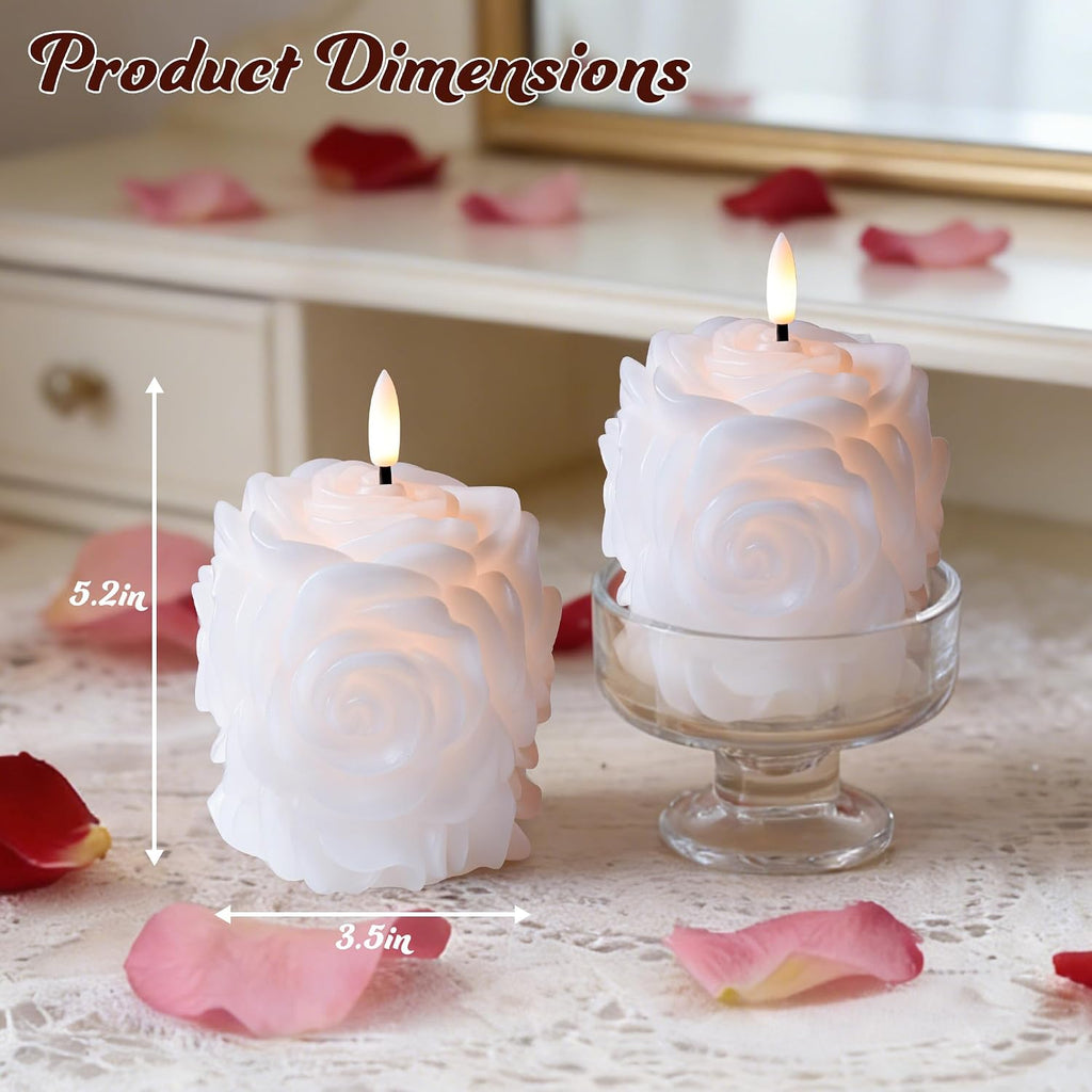 JOIONE Valentines Day White Rose Flameless LED Candles with Remote, 2 Pack