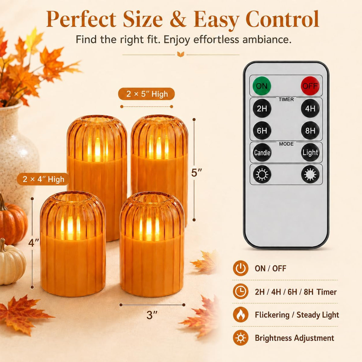 Fall Decorations for Home, Orange Glass Flameless Candles with Remote & Timer, Set of 4 Real Wax LED Pillar Candles with Dancing Flickering Flame, 3" x 4"/5", Halloween Thanksgiving Christmas Decor