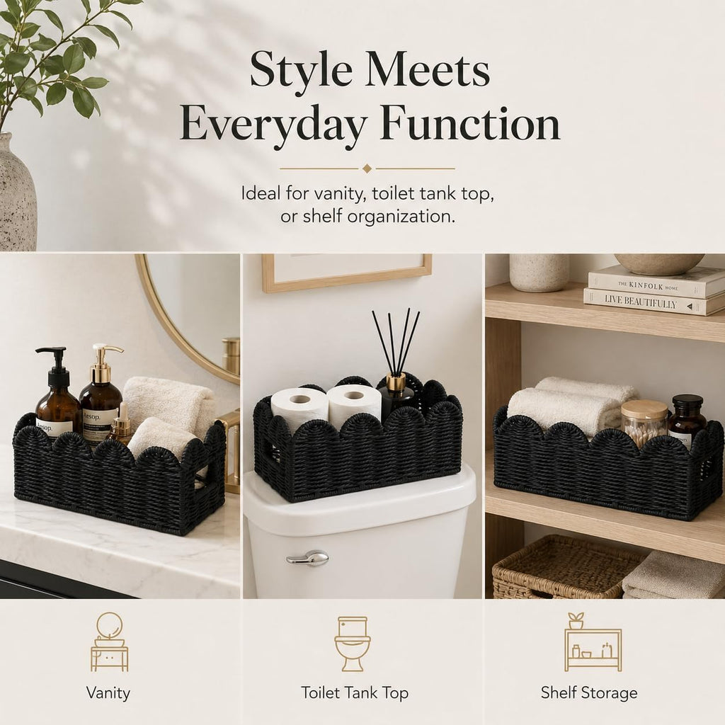 Black Scalloped Basket, Toilet Tank Tray, Back of Toilet