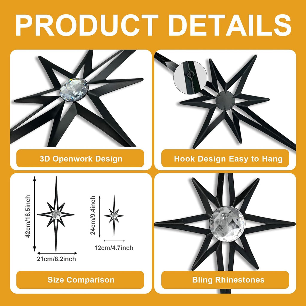 sxnzequnze 4 Pcs Star Wall Art for Home Decor Living Room Bedroom Office Metal 3D,Bling,with Hanging Hook Starburst Midcentury Sculpture Retro Gallery Accent Celestial -Black 16.5in/9.4in