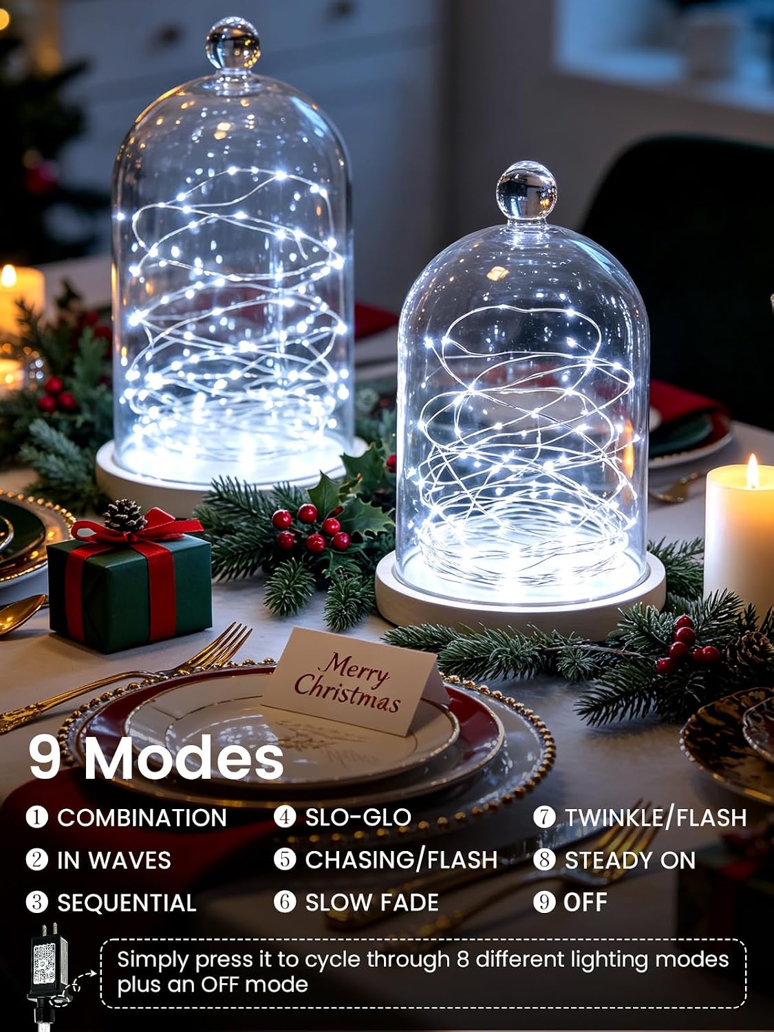 2 Pack Fairy Lights Plug in 99FT 300 LED Christmas String lights Cool White