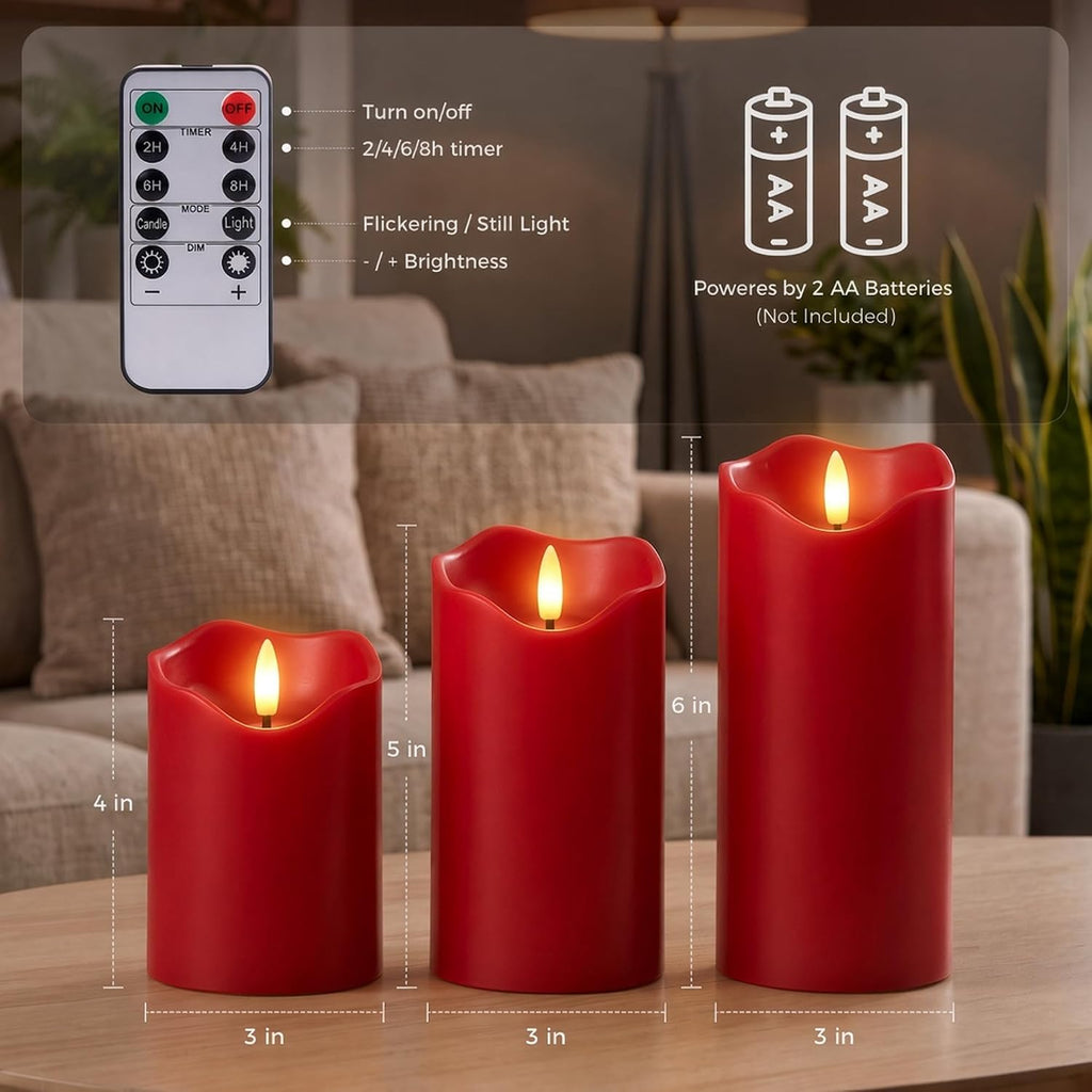 Goodluck Real Paraffin Wax Flameless Pillar Candles, Set of 3 - Red