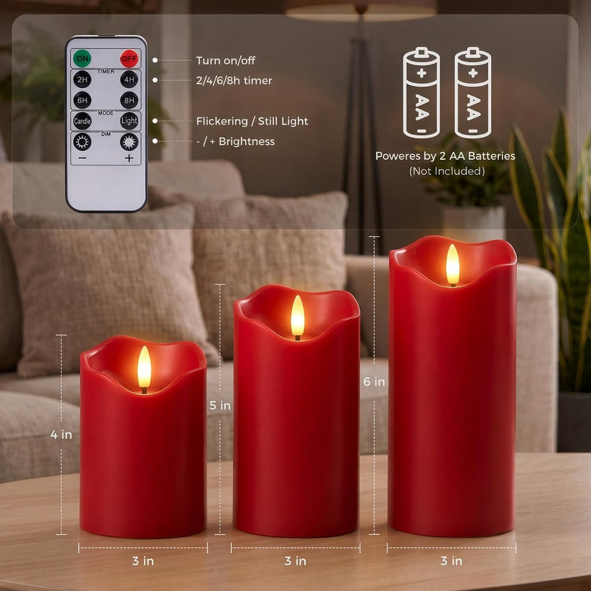 Goodluck Real Paraffin Wax Flameless Pillar Candles, Set of 3 - Red