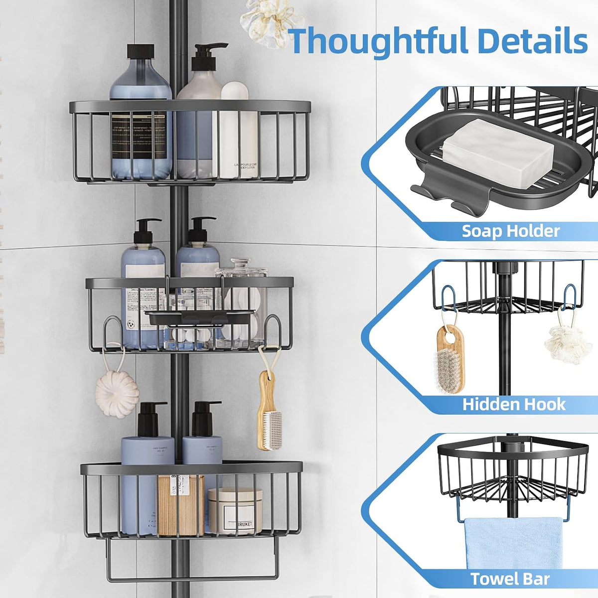 KINGRACK 4-Tier Tension Pole Shower Caddy,Corner Shelf for Storage, Black