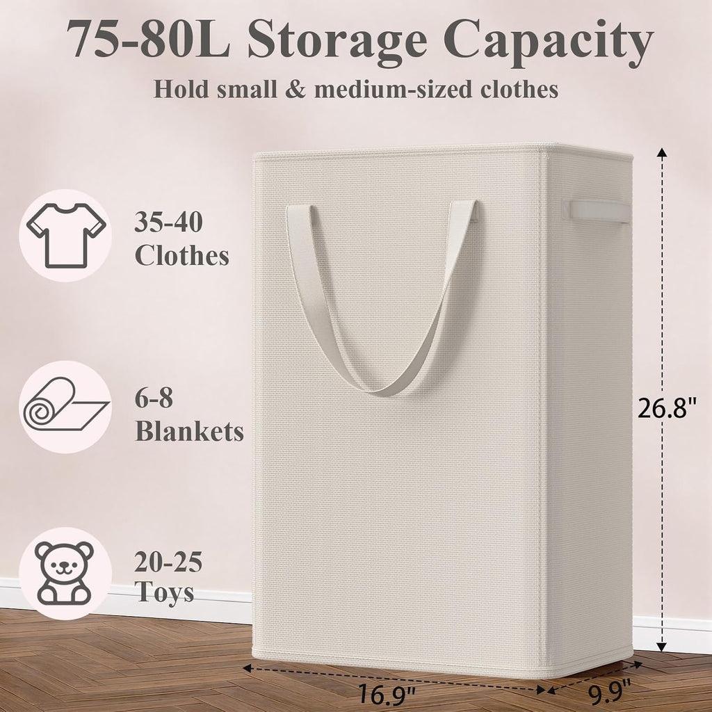 Optish 75L Slim Laundry Hamper, Baby Hamper for Nursery with Handles, Large Laundry Basket for Dorm, Bedroom, Living Room, Collapsible Laundry Basket, White
