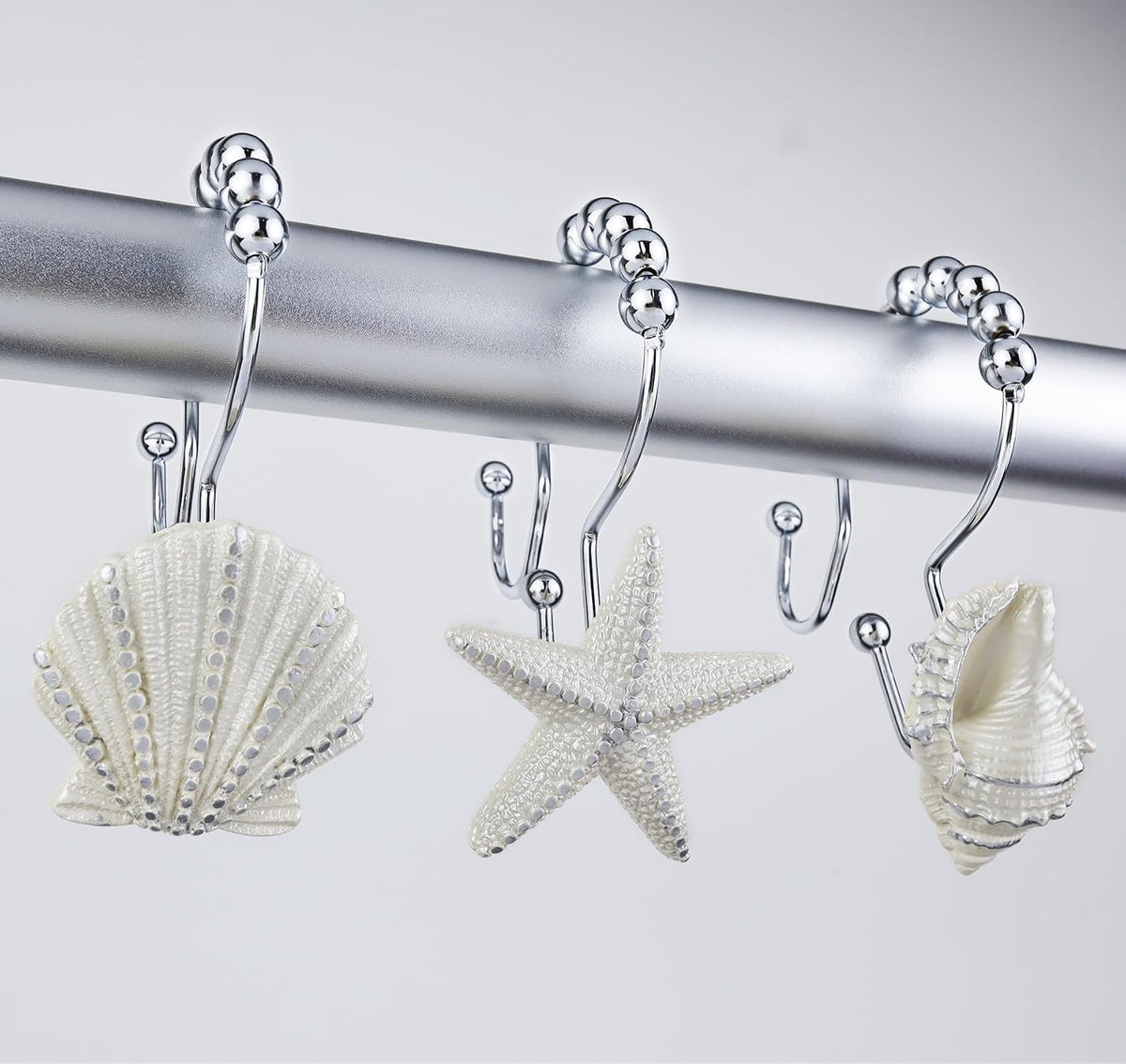 Shower Curtain Hooks Rings, 12PCS Pearl Shine Seashell Shower Rings, Anti Rust Decorative Double Glide Shower Hooks for Beach Bathroom, Baby Room, Bedroom, Living Room Décor