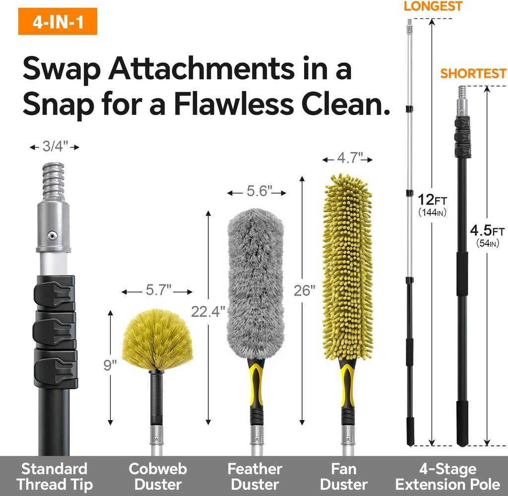 4-in-1 4-12Ft 4-Stage Telescoping Extension Pole Kit for Cleaning