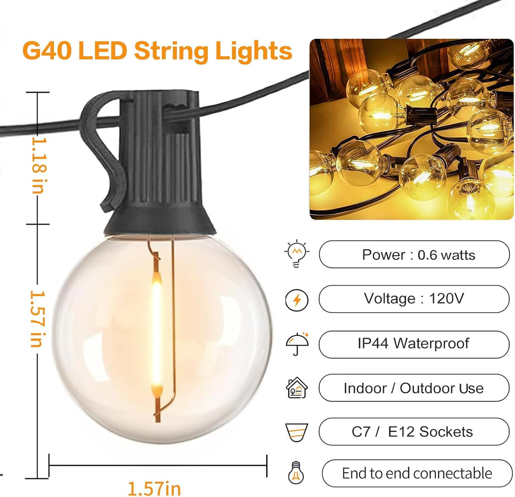 25FT Outdoor String Lights Waterproof Shatterproof G40 LED Globe
