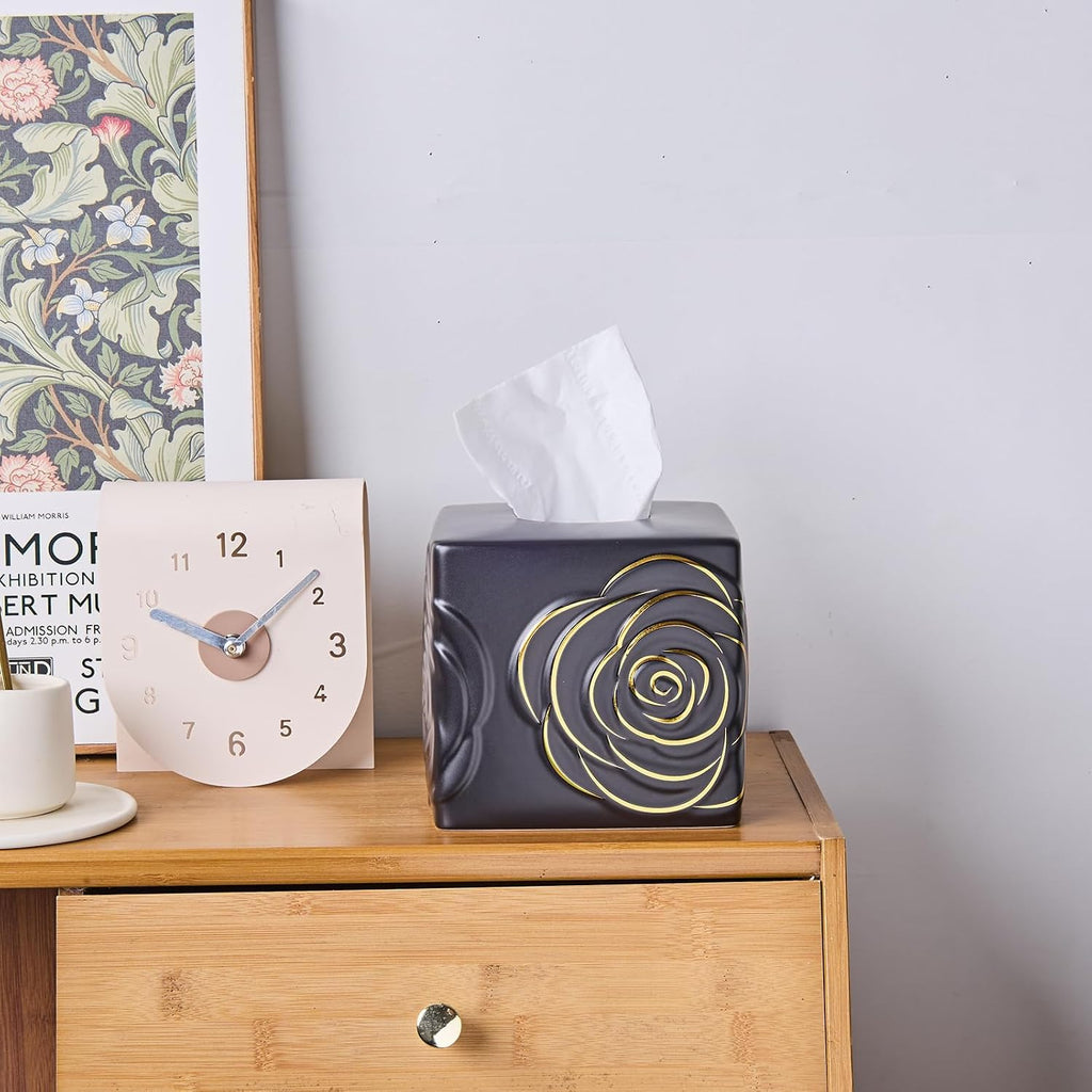 Black Ceramic Cube Tissue Box Cover with Gold Rose – Large Elegant Rose Floral Square Decorative Tissue Box Holder for Bathroom, Bedroom, Office Desk, Kitchen Counter – Perfect Housewarming Gift