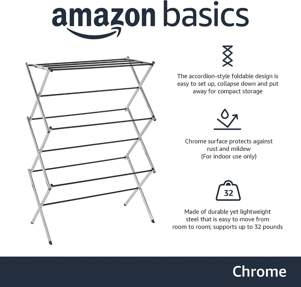Amazon Basics Foldable Portable Metal Clothes Drying Rack for Indoor Air Drying, Energy Saving, 14.5 x 29.5 x 41.8 inches, Chrome Silver