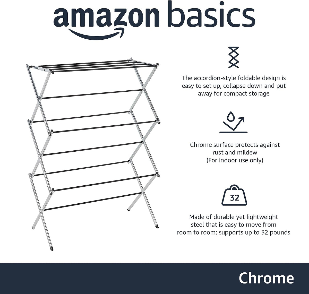 Amazon Basics Foldable Portable Metal Clothes Drying Rack for Indoor Air Drying, Energy Saving, 14.5 x 29.5 x 41.8 inches, Chrome Silver