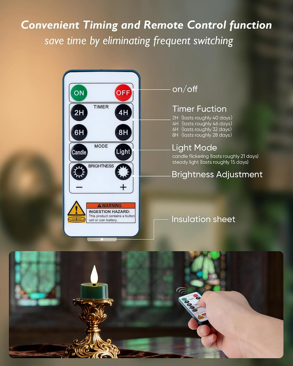 Amagic 24Pcs Flameless Timer Remote 3D Black Wick Tealights Candles, Green