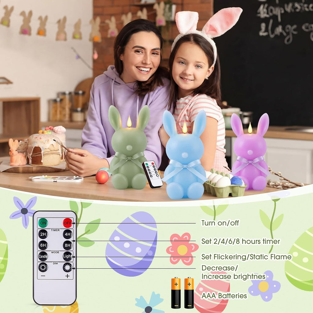 Baquler 5 Pcs Large Easter Bunny Led Flameless Candle 8 Inch Battery Operated Candles with Remote Real Wax Cute Rabbit Shape Candle with Bow 3D Flickering for Gift Home Party Decor (Spring Colors)