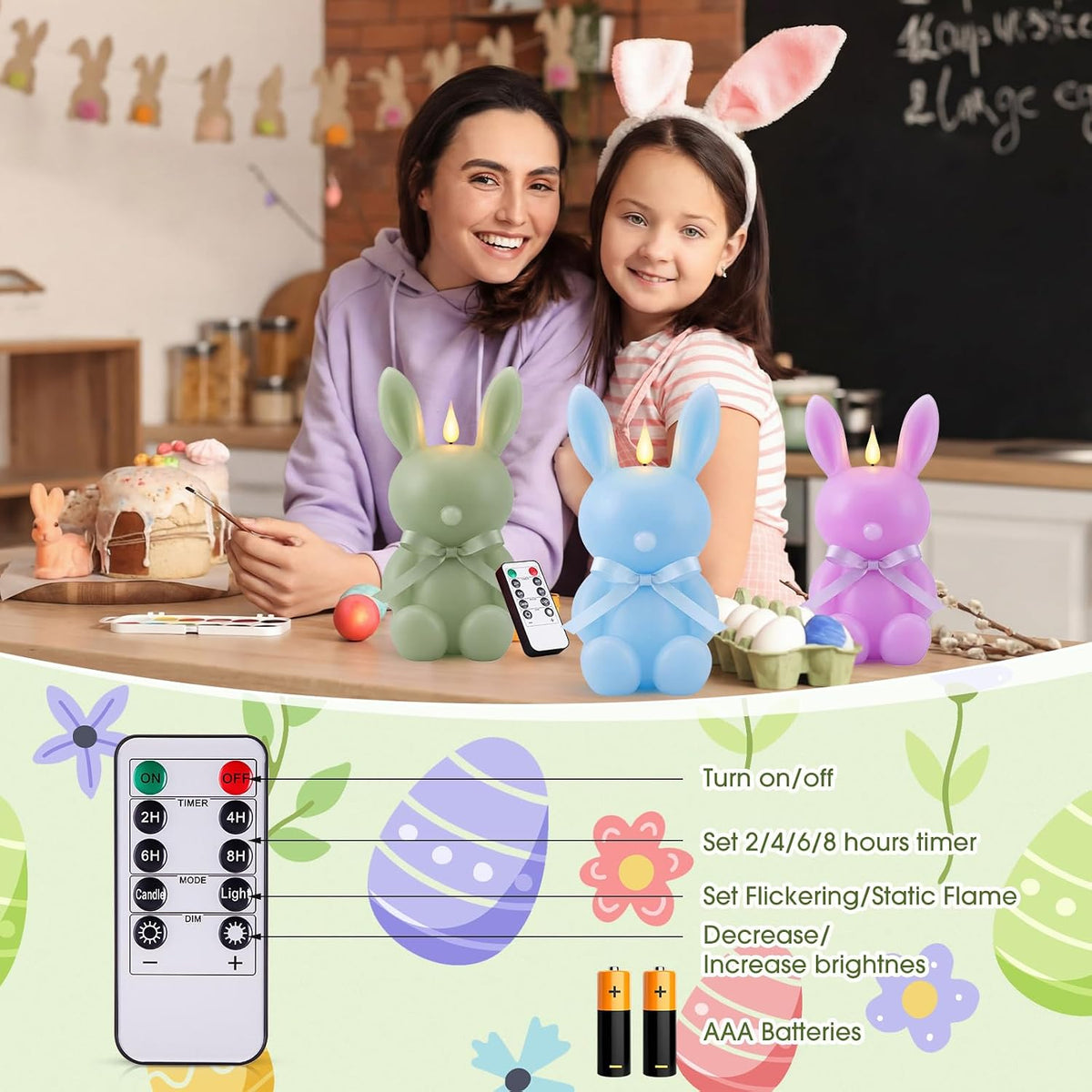 Baquler 5 Pcs Large Easter Bunny Led Flameless Candle 8 Inch Battery Operated Candles with Remote Real Wax Cute Rabbit Shape Candle with Bow 3D Flickering for Gift Home Party Decor (Spring Colors)