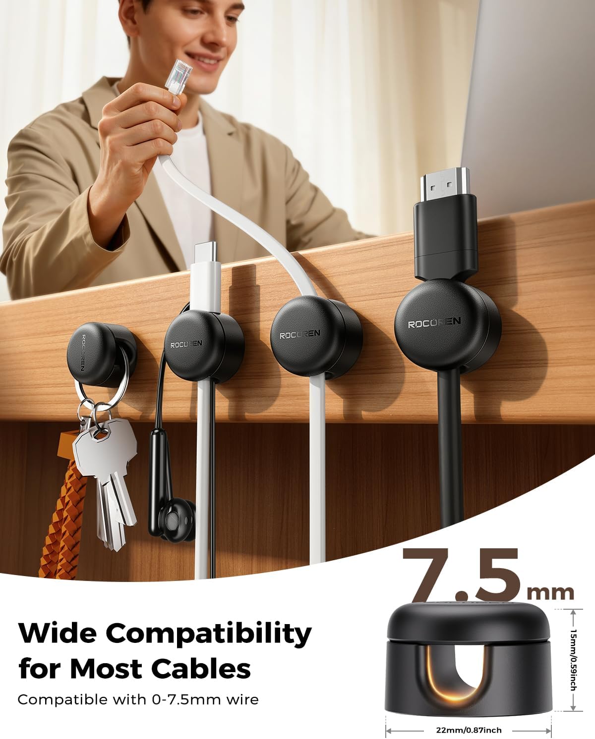 Rocoren 9 Pack Magnetic Cable Clips 360° Rotating Adhesive Cord Holder