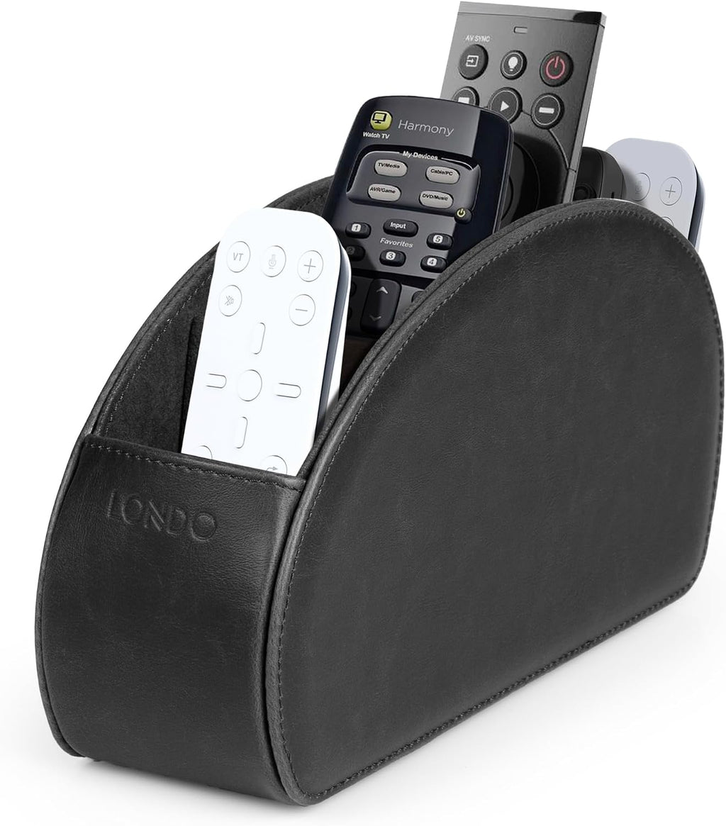Londo PU Vegan Leather Remote Control Holder with 5 Pockets, Nightstand Caddy & Bedside Organizer for TV, DVD, Blu-Ray, Roku, Apple TV Remotes, Phones, Glasses — Suede Lined Gift for Dad, Black