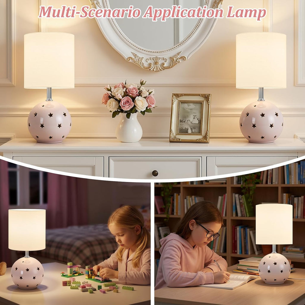 Small Table Lamp, 14" Pink Ceramic Bedside Lamp for Girls Kids Bedroom,Dorm